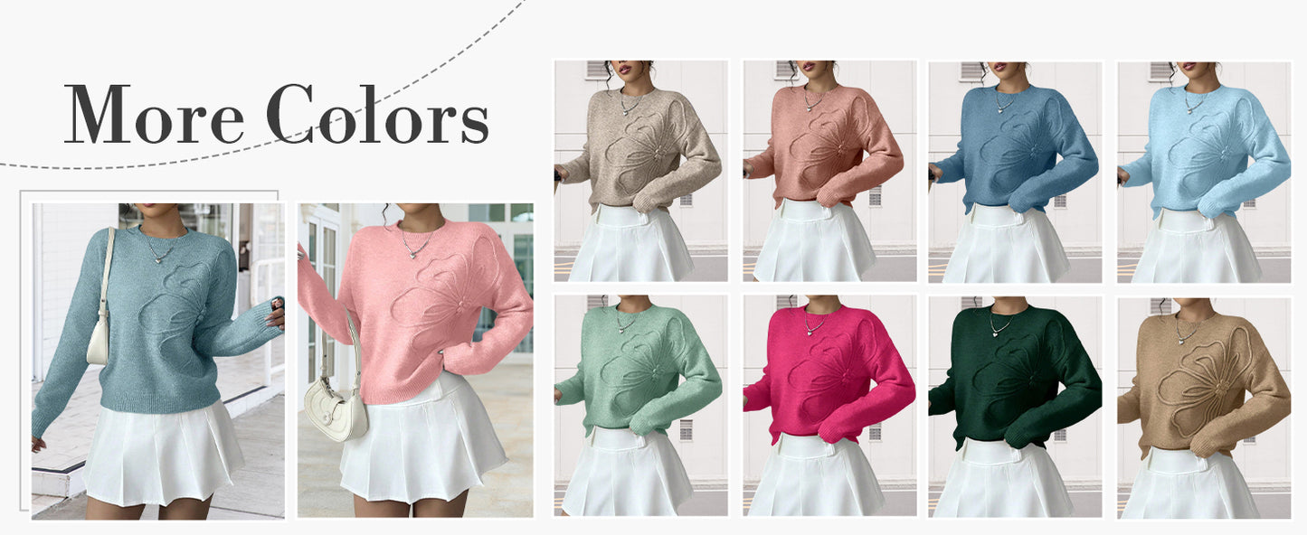 Women's 3D Floral Appliques Crewneck Sweaters Long Sleeve Drop Shoulder Pullovers Elegant Knit Tops - Seldom Seen Styles