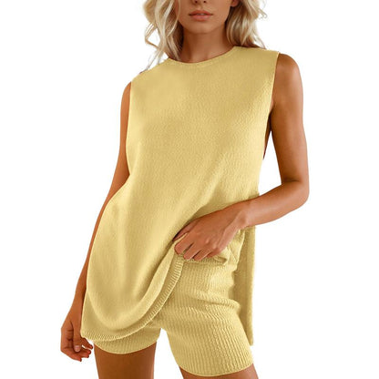 Women's 2 Piece Outfits Summer Knit Sweater Set Sleeveless Tunic Top Matching Shorts Trendy Beach Vacation Sets Loungesetwomen Suits Clothes Womenswear  Basic Beige