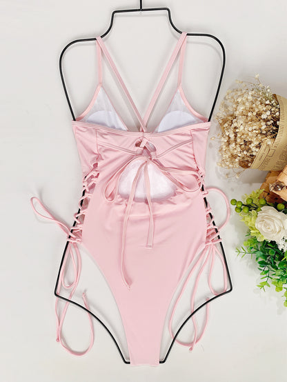 drawstring bikini romper swimsuit Bikini Solid Color Strap  One-Piece Adjustable Strap  Swimsuit - Seldom Seen Styles