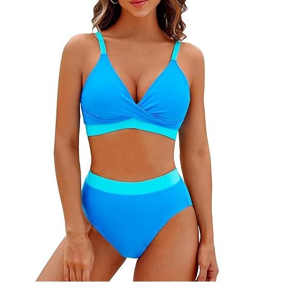 Women's High Waisted Bikini Sets V Neck Two Piece Swimsuit Color Block Twist Front Bathing Suits - Seldom Seen Styles