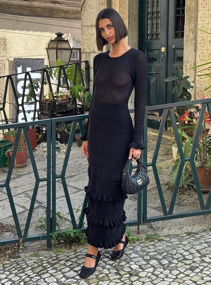 Ruffled Tight Knitted Dress Long Skirt Autumn and Winter European and American 2024 Color Contrast Patchwork Elegant Retro Dress