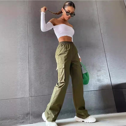 Girl's Elastic Waist Trousers Loose Straight Leg Flap Pocket Cargo Pants