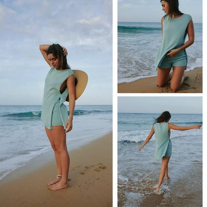 Women's 2 Piece Outfits Summer Knit Sweater Set Sleeveless Tunic Top Matching Shorts Trendy Beach Vacation Sets Loungesetwomen Suits Clothes Womenswear  Basic Beige