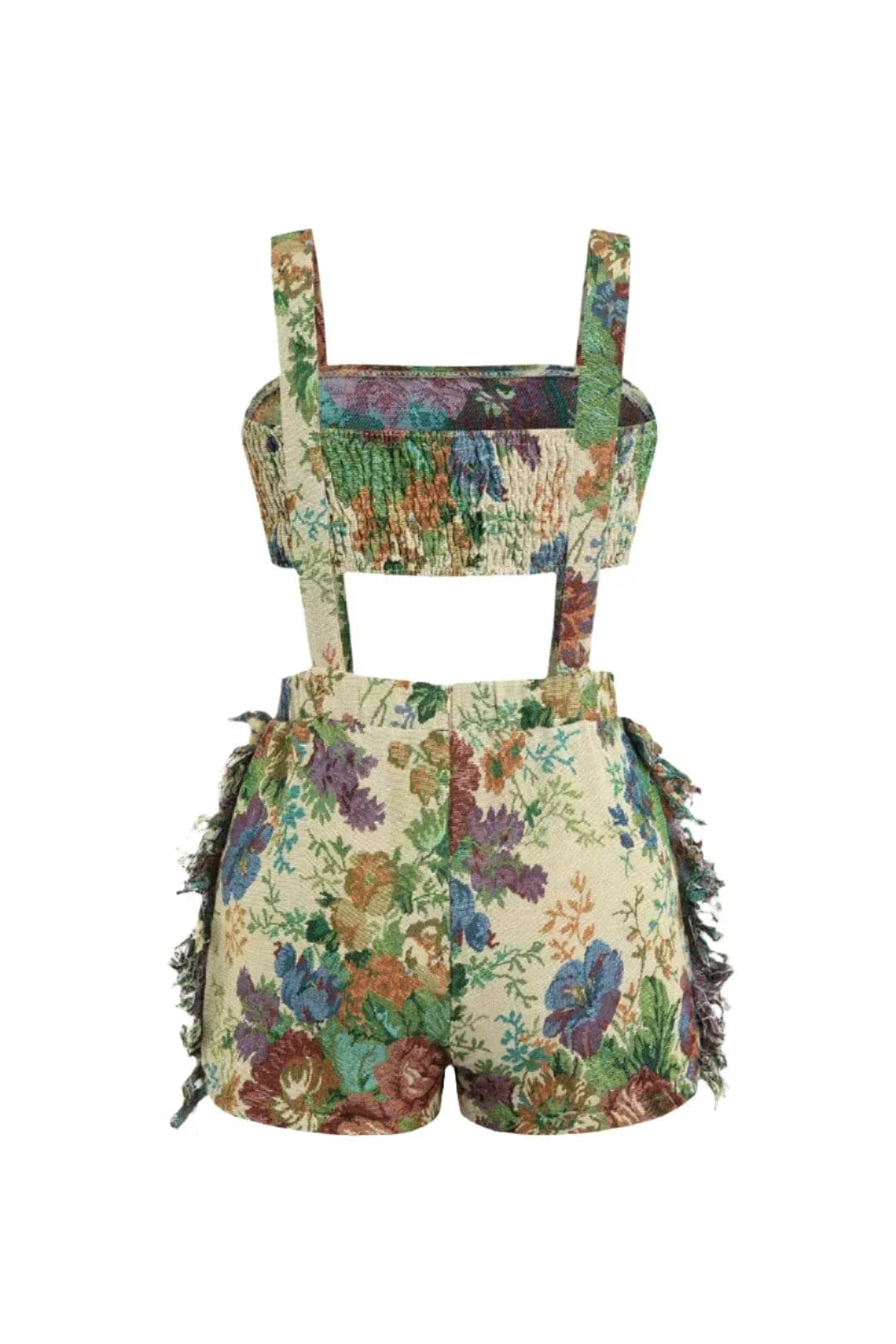 Women's Floral Print Romper Cut Out Sleeveless Ruffle Waist Summer Vacation Outfit - Seldom Seen Styles