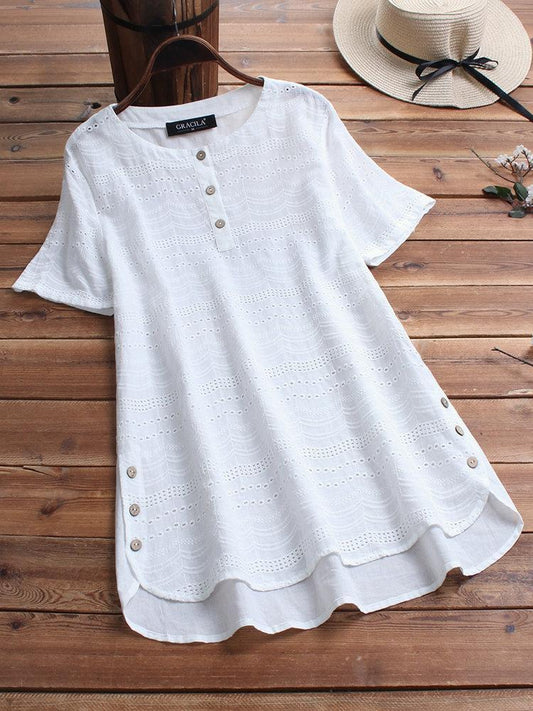 Women's Cotton Eyelet Short Sleeve Detailed Button Casual Tunic