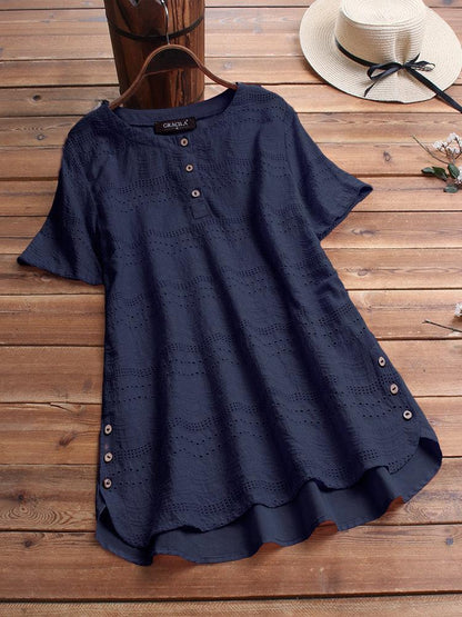 Women's Cotton Eyelet Short Sleeve Detailed Button Casual Tunic
