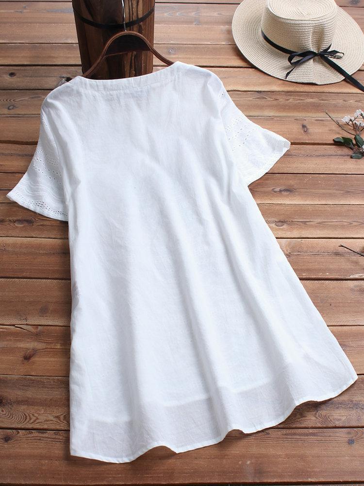 Women's Cotton Eyelet Short Sleeve Detailed Button Casual Tunic