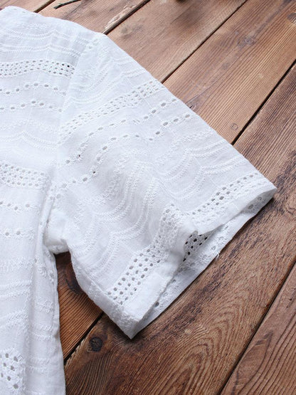 Women's Cotton Eyelet Short Sleeve Detailed Button Casual Tunic