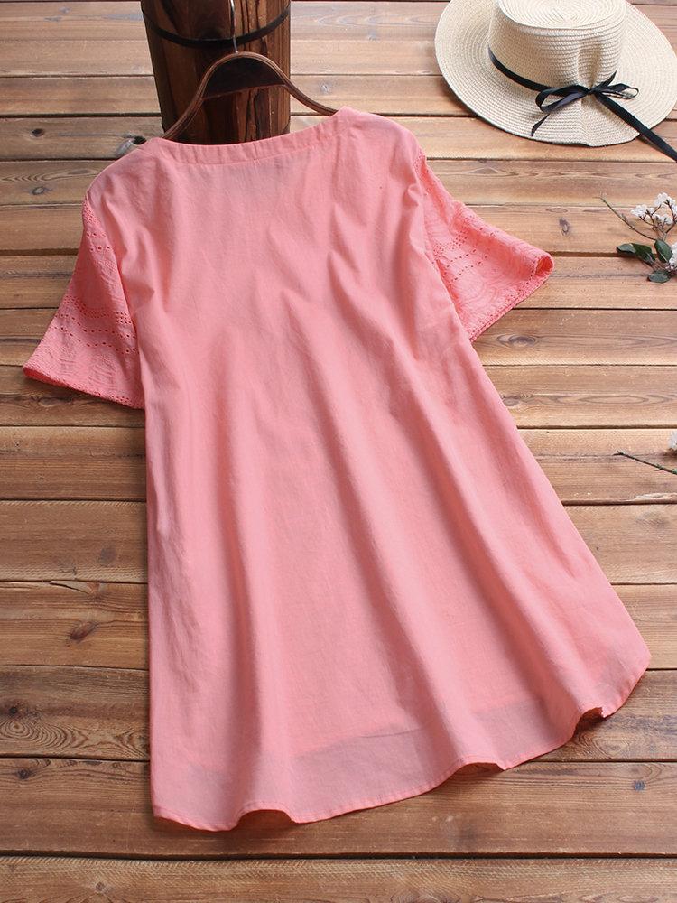 Women's Cotton Eyelet Short Sleeve Detailed Button Casual Tunic