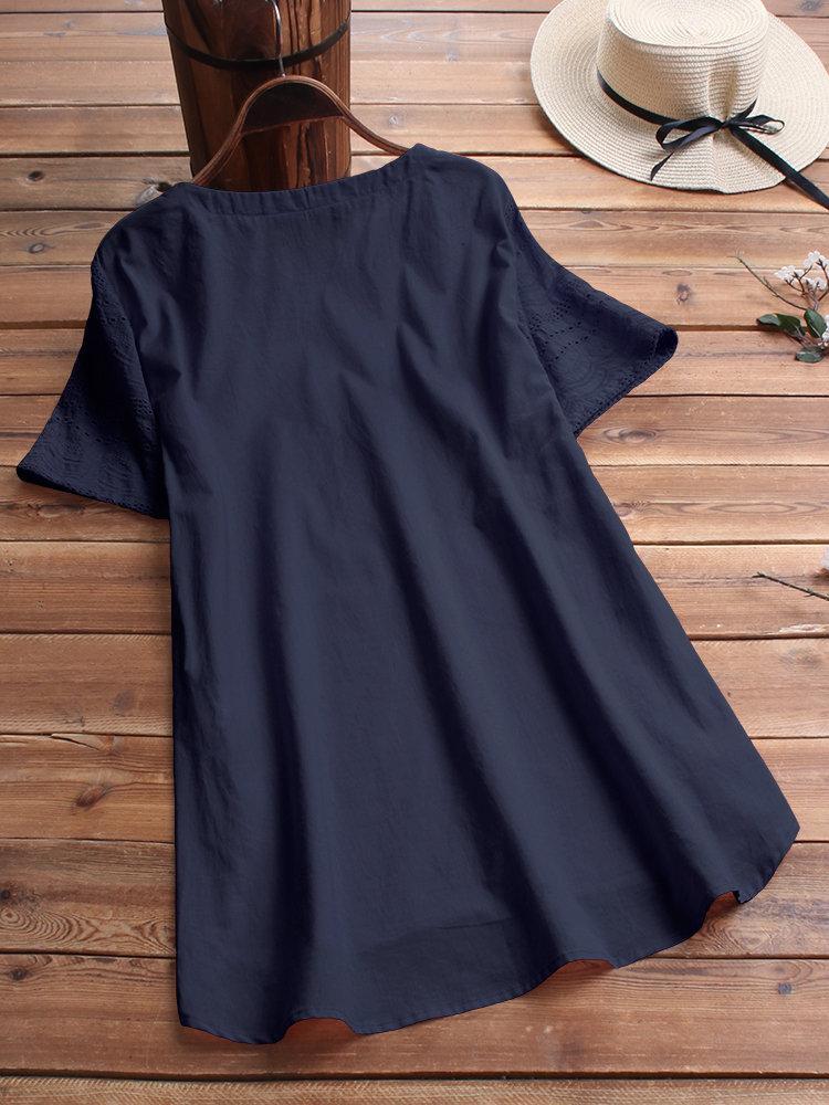 Women's Cotton Eyelet Short Sleeve Detailed Button Casual Tunic