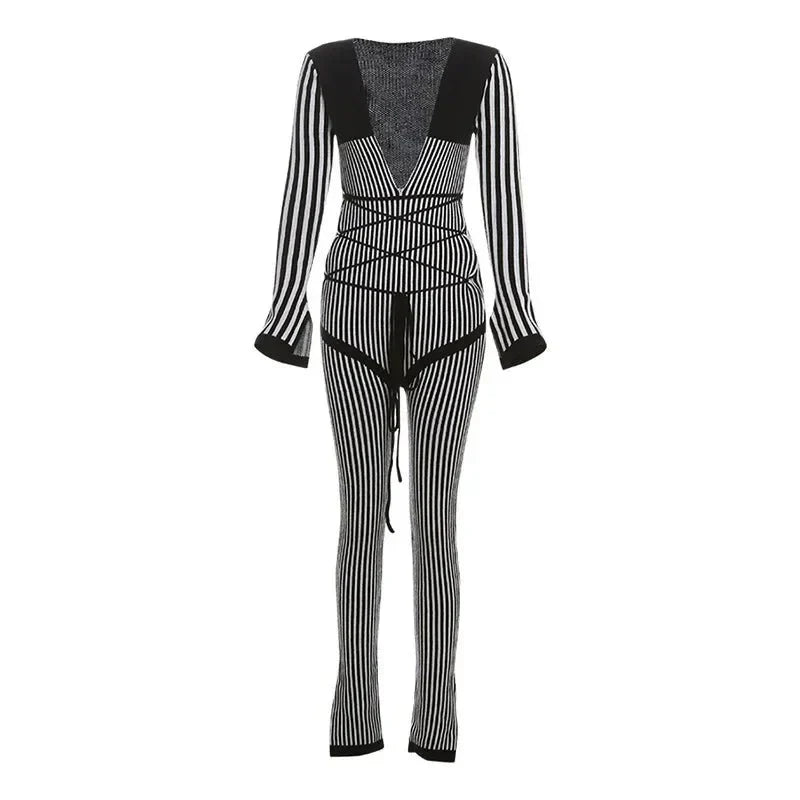 Women's Rib Knit Jumpsuit Deep V Neck Lace Up Bodycon Long Sleeve Catsuit Outfit - Seldom Seen Styles