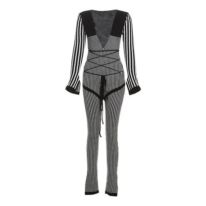 Women's Rib Knit Jumpsuit Deep V Neck Lace Up Bodycon Long Sleeve Catsuit Outfit