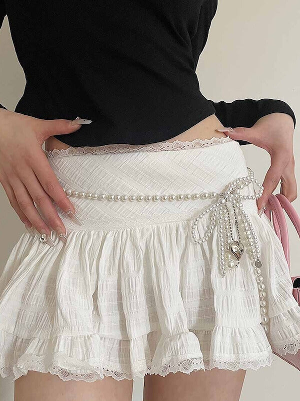 Women's Balletcore Lace Ruffle Mini Skirt Low Rise Coquette Tiered Skirt - Seldom Seen Styles