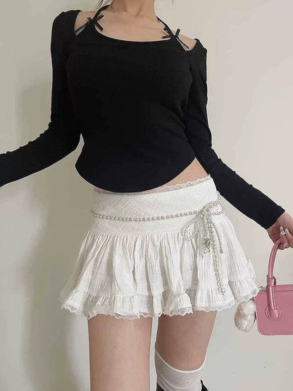 Women's Balletcore Lace Ruffle Mini Skirt Low Rise Coquette Tiered Skirt