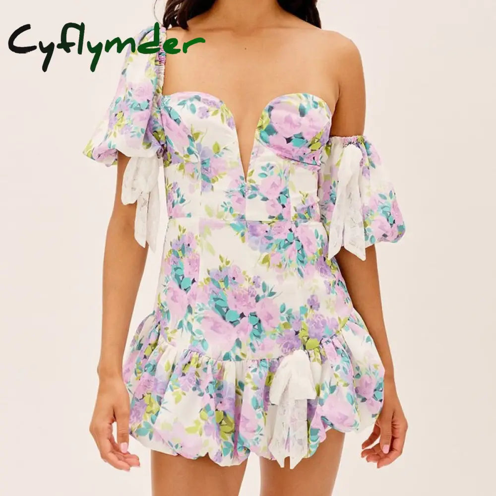 Cyflymder Puff Short Sleeve Boho Mini Dresses for Women Summer Fashion V-Neck Fashion Print Wedding Evening Dress Sexy Vestidos - Seldom Seen Styles