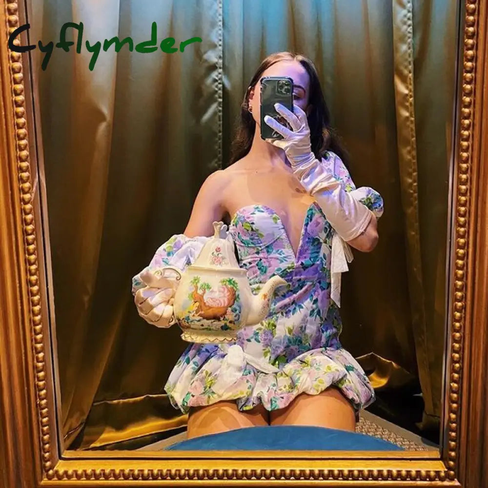 Cyflymder Puff Short Sleeve Boho Mini Dresses for Women Summer Fashion V-Neck Fashion Print Wedding Evening Dress Sexy Vestidos - Seldom Seen Styles