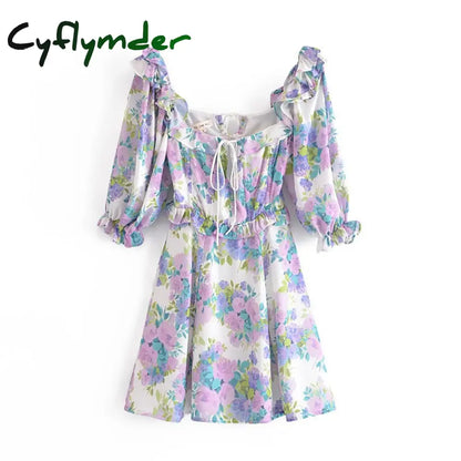 Cyflymder Puff Kurzarm Boho Minikleider für Frauen Sommer Mode V-Ausschnitt Mode Print Hochzeitsabendkleid Sexy Vestidos