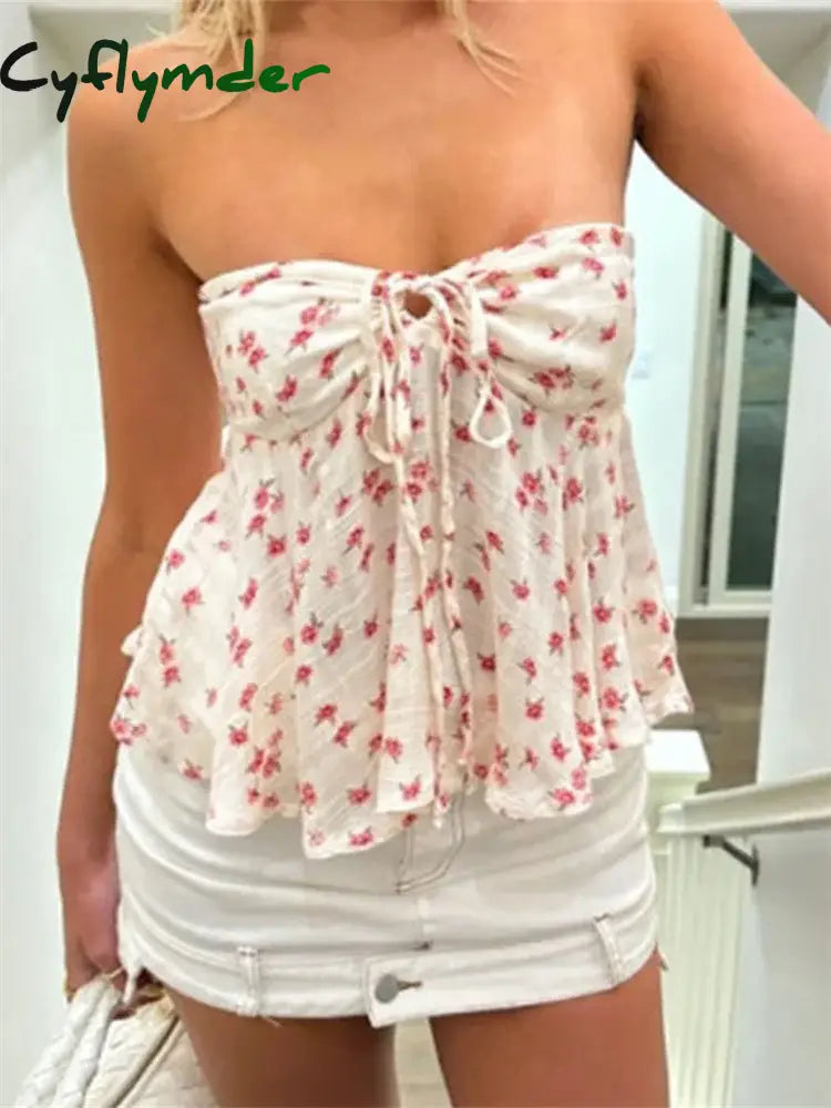 Cyflymder Strapless Off Shoulder Ruched Tube Tops Women Front Tie-up Ruffles Summer Party Clubwear Tank Floral Print Mini Vest - Seldom Seen Styles