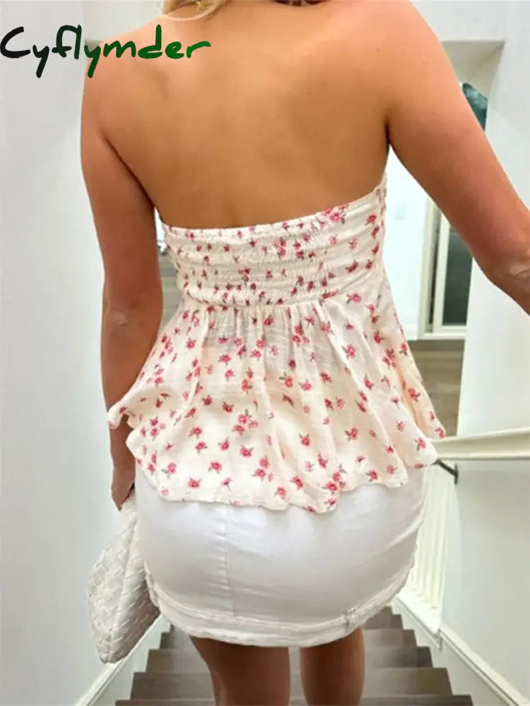 Cyflymder Strapless Off Shoulder Ruched Tube Tops Women Front Tie-up Ruffles Summer Party Clubwear Tank Floral Print Mini Vest - Seldom Seen Styles