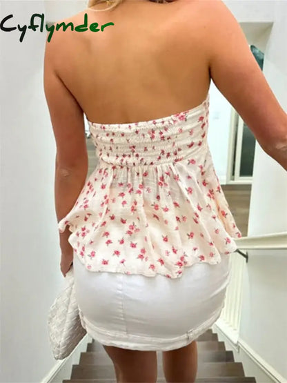 Cyflymder Strapless Off Shoulder Ruched Tube Tops Women Front Tie-up Ruffles Summer Party Clubwear Tank Floral Print Mini Vest
