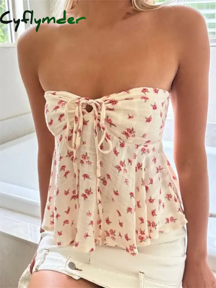 Cyflymder Strapless Off Shoulder Ruched Tube Tops Women Front Tie-up Ruffles Summer Party Clubwear Tank Floral Print Mini Vest - Seldom Seen Styles