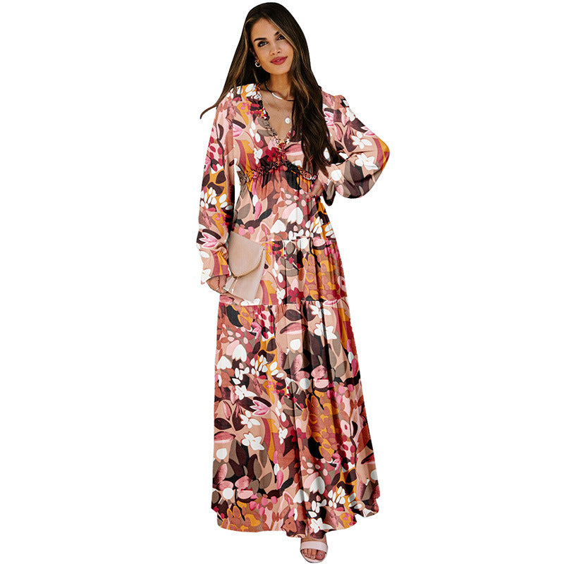 European and American Fashion V Collar Tulle Floral Print Long Sleeve Dress Women Autumn New Loose Casual Chiffon Dress for Women