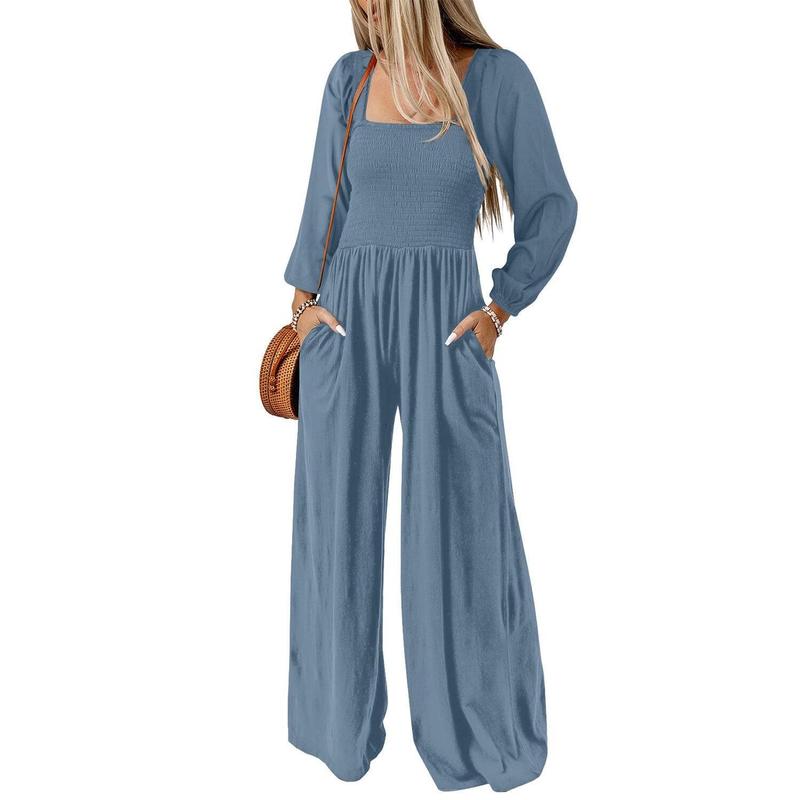 Women's Plain Ruched Shirred Pocket Wide Leg Jumpsuit, Casual Bishop Sleeve Square Neck Jumpsuit for Spring & Fall, Ladies Clothes for Daily Wear - Seldom Seen Styles