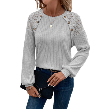 Hot Sale Winter New Solid Color Shoulder Sweater for Women  Simple Versatile Lace Stitching Coat