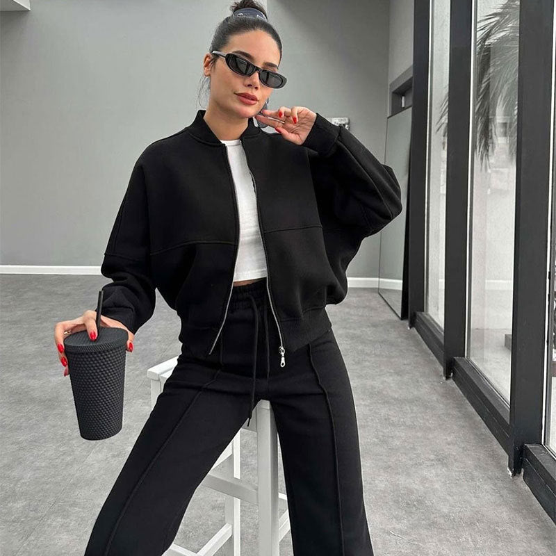 Women's Solid Zip Up Crop Jacket & Drawstring Waist Pants Two-piece Set, Casual Fashion Drop Shoulder Long Sleeve Top & High Waist Trousers Womenswear Suits for Outdoor Wear, Women's Clothing for Spring & Fall 90s Clothes - Seldom Seen Styles
