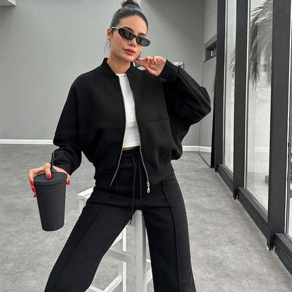 Women's Solid Zip Up Crop Jacket & Drawstring Waist Pants Two-piece Set, Casual Fashion Drop Shoulder Long Sleeve Top & High Waist Trousers Womenswear Suits for Outdoor Wear, Women's Clothing for Spring & Fall 90s Clothes