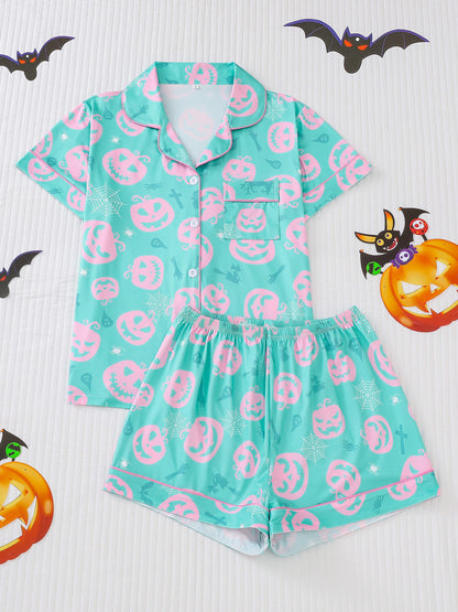 Women's Pocket Lapel Blouse & Elastic Waist Shorts Pyjama Set, Halloween Christmas Button Front Top & Shorts Pj Set, Pyjamas for Women, Feminine Tops, PJ Sets for Women, Loungewear, Nightwear, Pajamas, Womenswear