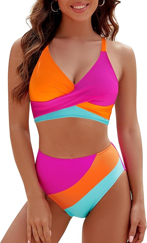 Womens High Waisted Bikini Sets Criss Cross Two Piece Swimsuits Color Block Full Coverage Bathing Suits - Seldom Seen Styles