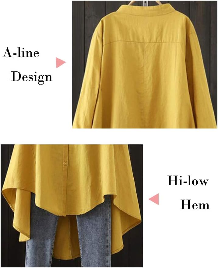 Minibee Women Cotton Linen Shirt High Low Button Down Embroidered Blouse Long Sleeve Tunic Tops