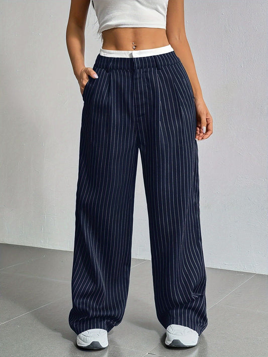 Women's Striped Pants Color Block High Waisted Wide Leg Casual Work Office Long Trousers - Seldom Seen Styles