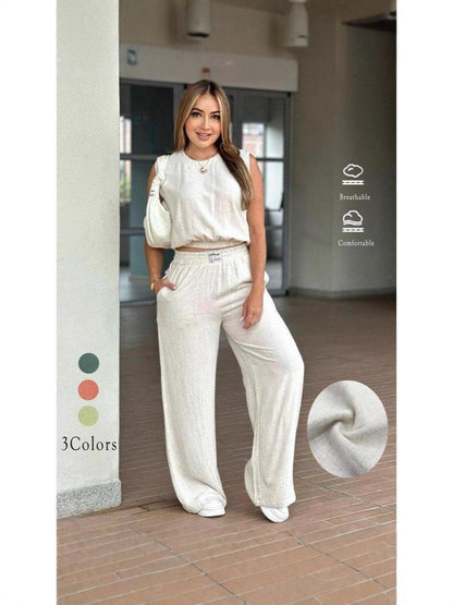 Two-Piece Set Women's Solid Color Tank Top & Wide Leg Pants Set, Casual Fashion Cozy Breathable Two-piece for Daily Outdoor Wear, Ladies Clothes for Summer, Suits