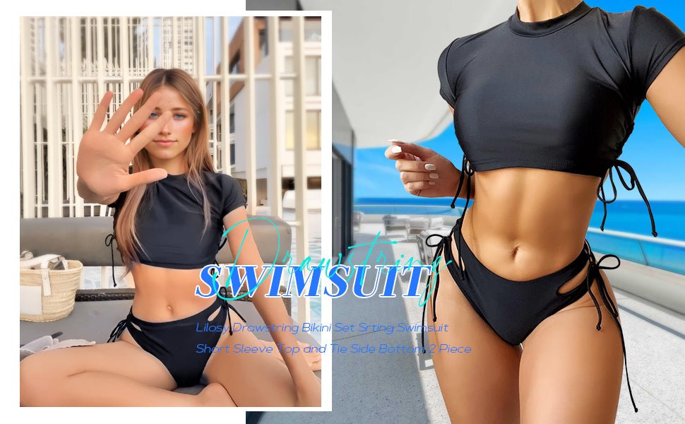 Drawstring Bikini Set Srting Swimsuit Short Sleeve Top and Tie Side Bottom 2 Piece - Seldom Seen Styles