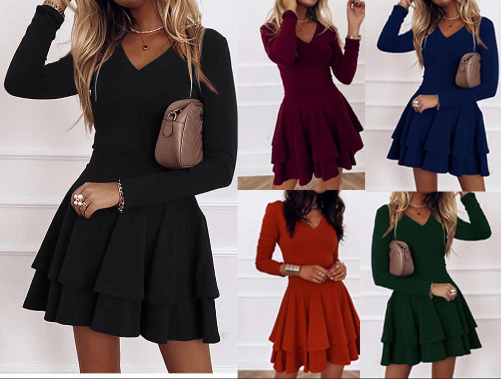 2022Independent Station Autumn New Solid Color Street Hipster Mid Waist Pullover Patchwork Hem Women's Long Sleeve Dress