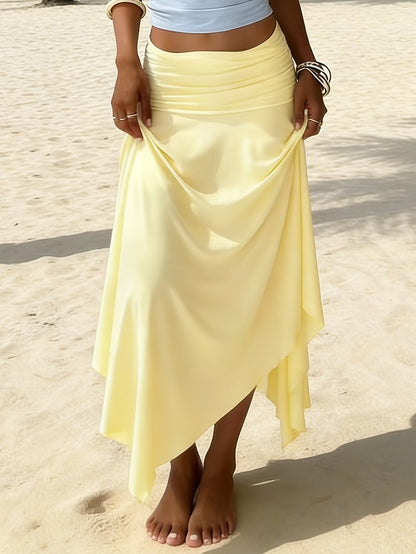 Women's Ruched Waist Asymmetric Ruffle Hem Maxi Skirt