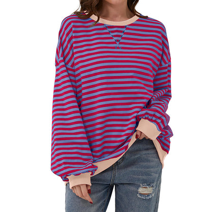 Womens Striped Oversized Sweatshirt Color Block Crew Neck Long Sleeve Casual Loose Pullover Top Y2K Clothes