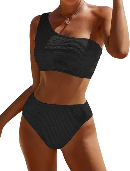 Women One Shoulder Bikini Set High Waisted Tummy Control Full Coverage Swimsuit Ribbed 2 Piece Bathing Suit 2025 - Seldom Seen Styles