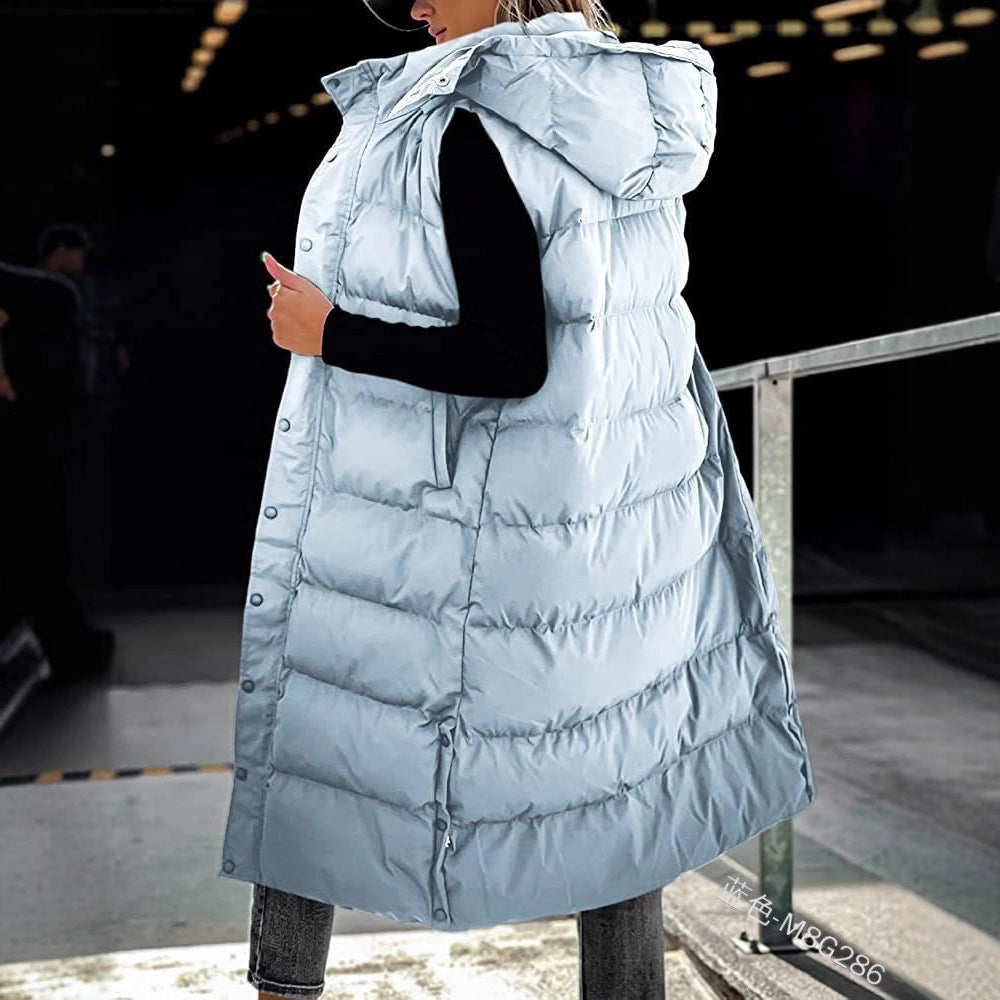 Women's Long Puffer Vest with Quilted Hood and Button Down Closure for Winter Coat 2025 - Tops, Womenswear - Seldom Seen Styles