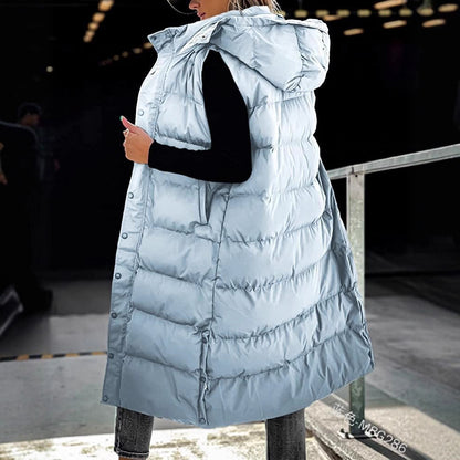 Gilet long matelassé pour femme avec capuche matelassée et fermeture boutonnée pour manteau d'hiver 2024 - Hauts, Vêtements femme