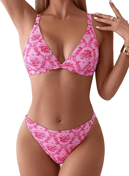 Women's 2 Piece Floral Print Swimsuit Triangle String High Cut Bikini Sets Bathing Suit - Seldom Seen Styles