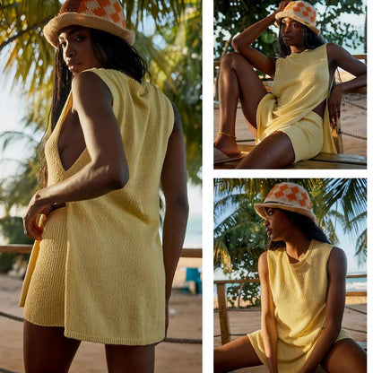 Women's 2 Piece Outfits Summer Knit Sweater Set Sleeveless Tunic Top Matching Shorts Trendy Beach Vacation Sets Loungesetwomen Suits Clothes Womenswear  Basic Beige