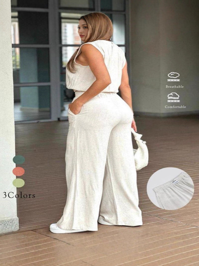 Two-Piece Set Women's Solid Color Tank Top & Wide Leg Pants Set, Casual Fashion Cozy Breathable Two-piece for Daily Outdoor Wear, Ladies Clothes for Summer, Suits - Seldom Seen Styles
