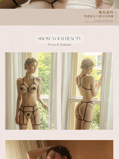 Romantic Rose Embroidered 3-Piece Lingerie Set with Sensory Pearls - T-Back Bra & Thong in 5 Colors