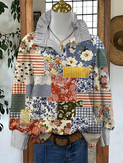 Women's Vintage Floral Print Striped Collar Top Going Outfits Blouses 90s Tops Funny Shirts Women Elegant Classy Tops Blouse Classyoutfit Women cute summer outfit boho Casual Style cute summer outfit women's summer outfits