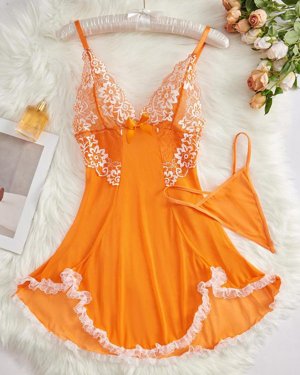 Lace Bowknot Lingerie Set – Spaghetti Strap V-Neck Sleepwear with Thong
