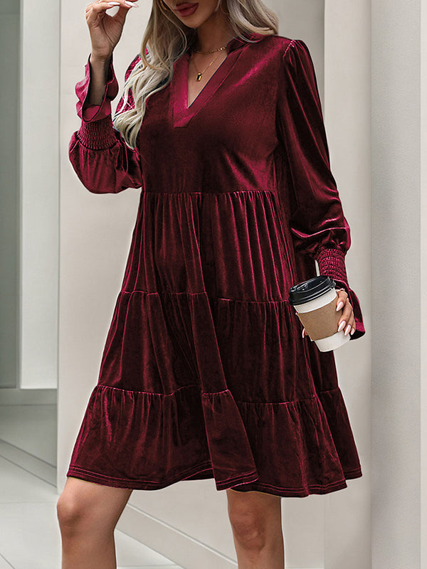 A-Line Long Sleeves Pleated Solid Color Velvet V-Neck Mini Dresses - Seldom Seen Styles
