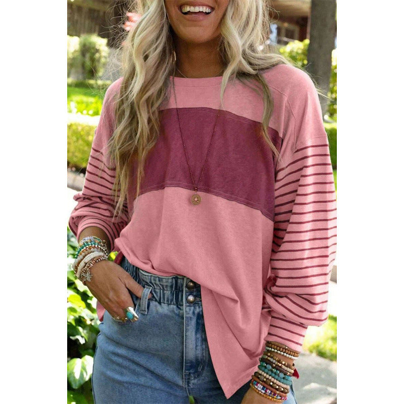 Long Sleeve Fall Tops Oversized 2025 Trendy Round Crew Neck Casual Color Block Womens Shirts Blouses - Seldom Seen Styles
